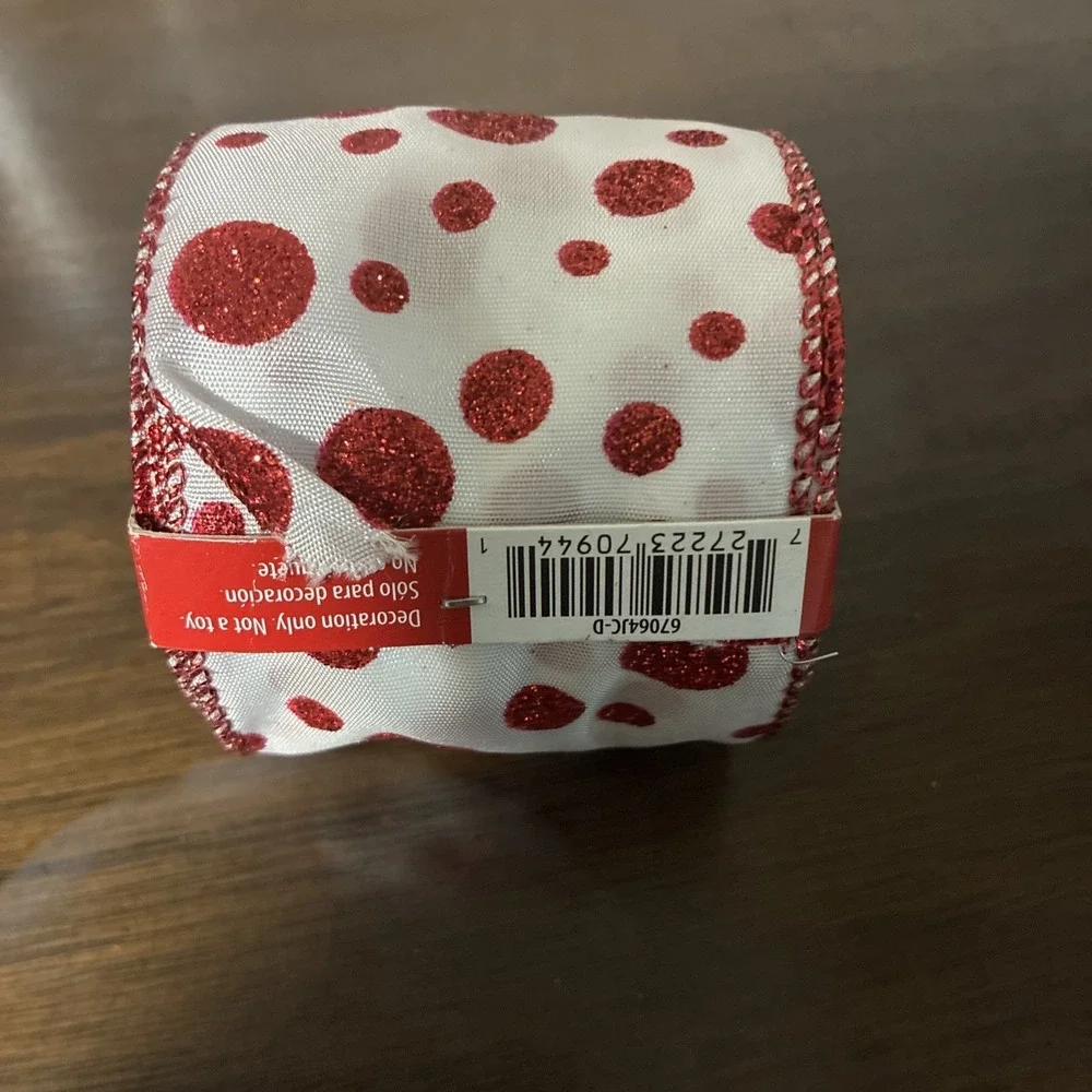 8 Yards Polka dot Glitter Wired Edge Ribbon -   Red, white